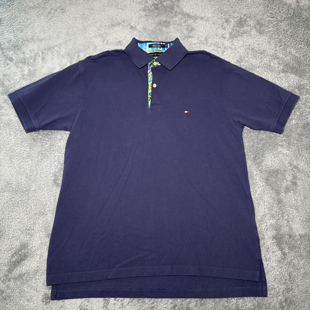 Tommy Hilfiger Men's Medium Navy Blue Polo Short Sleeve Shirt Tropical Collar - Picture 4 of 16